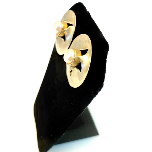 Handcrafted Sterling & Pearl Round Post Earrings - Picture 2 of 3